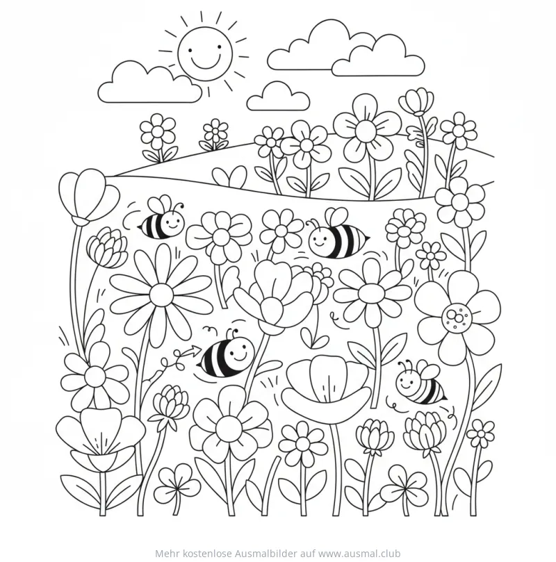 Blumenwiese mit Bienen Ausmalbild