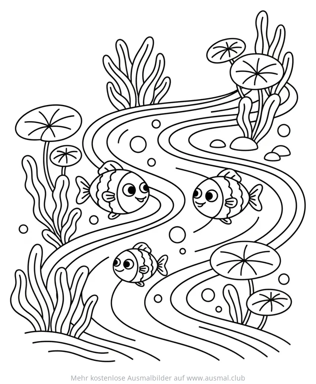 Sauberer Fluss mit Fischen Ausmalbild