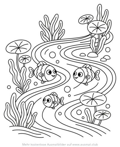 Sauberer Fluss mit Fischen Ausmalbild