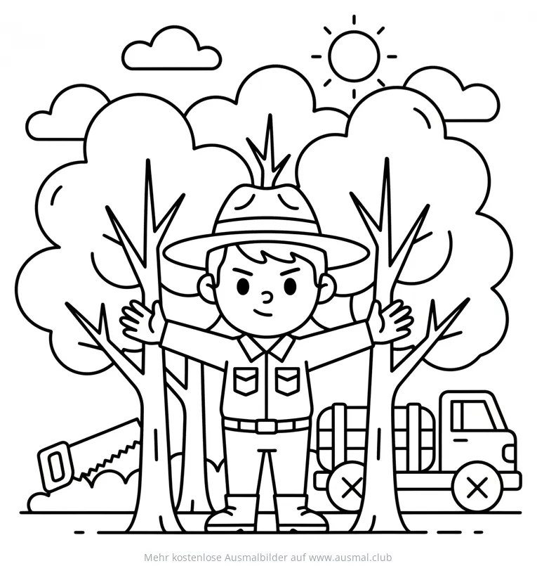 Waldhüter mit Bäumen und Lastwagen Ausmalbild