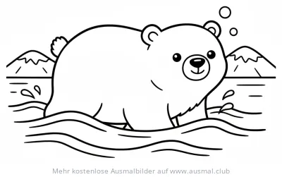 Eisbär schwimmt im Wasser vor Bergkulisse Ausmalbild