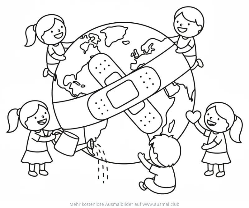 Erde mit Pflaster, umgeben von Kindern, Ausmalbild