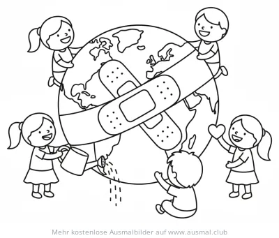 Erde mit Pflaster, umgeben von Kindern, Ausmalbild