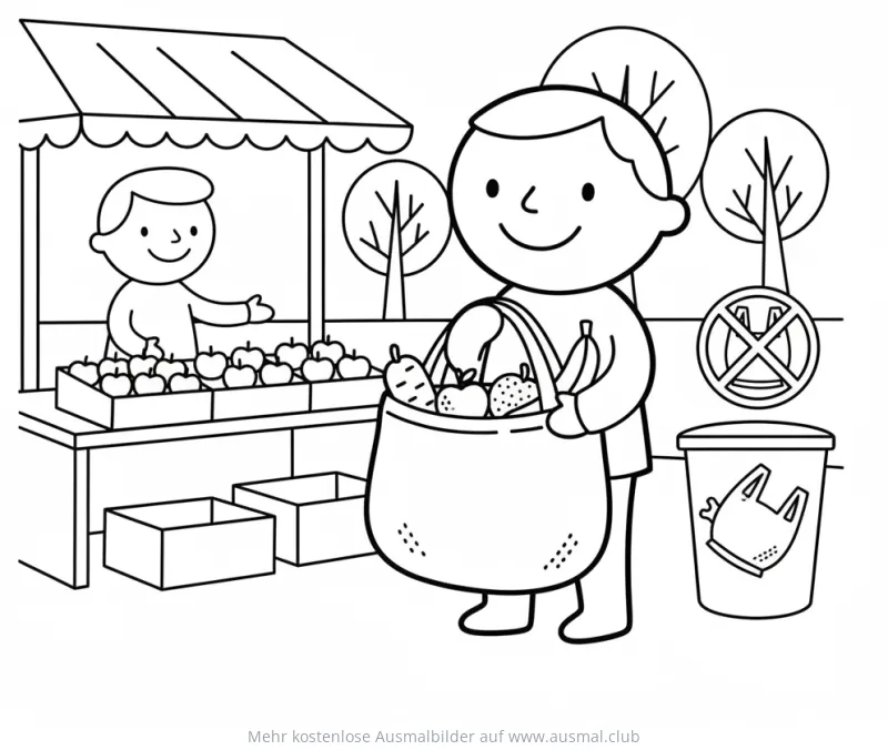 Junge mit Stoffbeutel auf dem Markt Ausmalbild