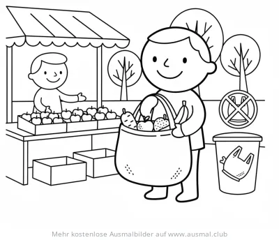 Junge mit Stoffbeutel auf dem Markt Ausmalbild