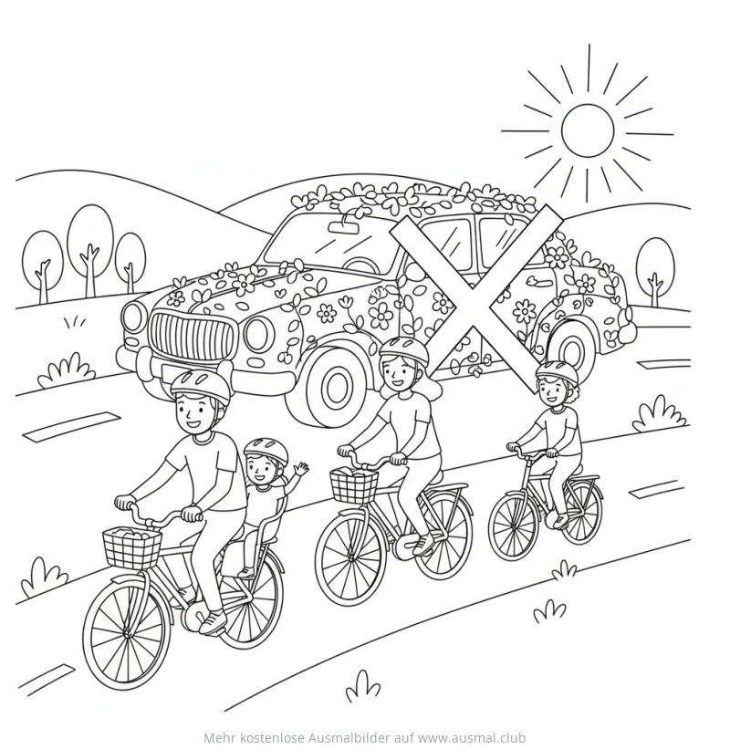 Familie fährt Fahrrad, Auto mit Blumen-Dekoration im Hintergrund Ausmalbild