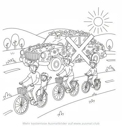 Familie fährt Fahrrad, Auto mit Blumen-Dekoration im Hintergrund Ausmalbild