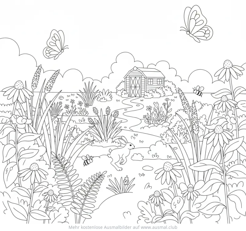 Hase, Schmetterlinge und heimische Pflanzen Ausmalbild