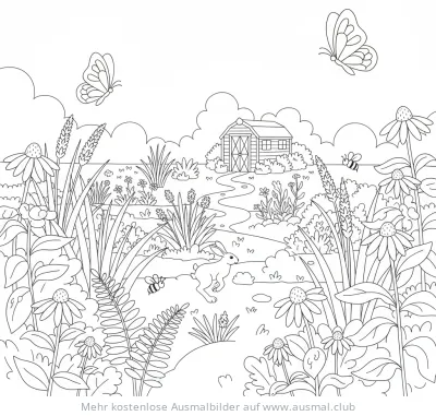 Hase, Schmetterlinge und heimische Pflanzen Ausmalbild