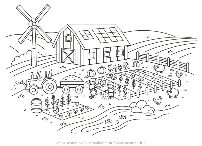Nachhaltiger Bauernhof mit Tieren und Gemüsegarten Ausmalbild
