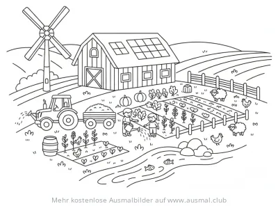 Nachhaltiger Bauernhof mit Tieren und Gemüsegarten Ausmalbild