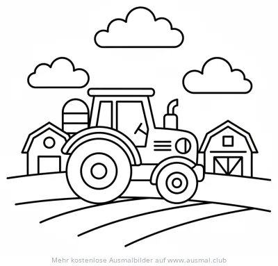 Traktor auf einem Feld mit Scheunen Ausmalbild