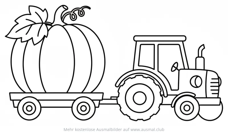 Traktor zieht einen Kürbis auf einem Anhänger Ausmalbild