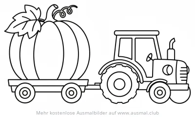 Traktor zieht einen Kürbis auf einem Anhänger Ausmalbild