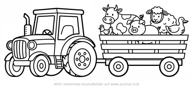 Traktor mit Anhänger voller Bauernhoftiere Ausmalbild