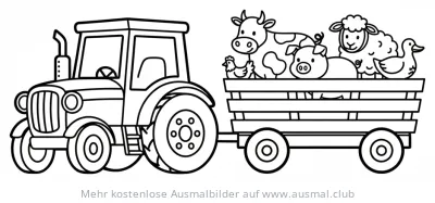 Traktor mit Anhänger voller Bauernhoftiere Ausmalbild