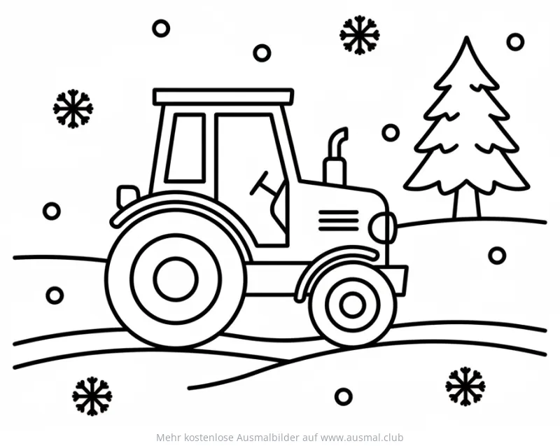 Traktor im Schnee Ausmalbild mit Tannenbaum und Schneeflocken