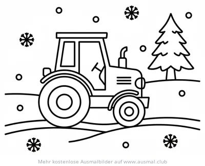 Traktor im Schnee Ausmalbild mit Tannenbaum und Schneeflocken
