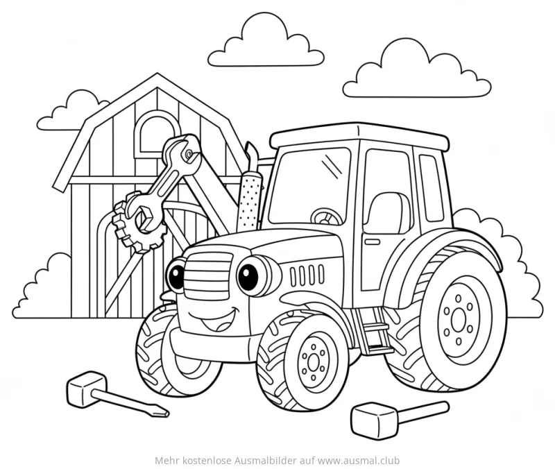 Traktor Ausmalbild mit Werkzeug vor Scheune