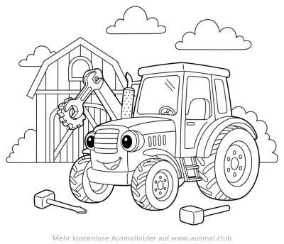 Traktor Ausmalbild mit Werkzeug vor Scheune