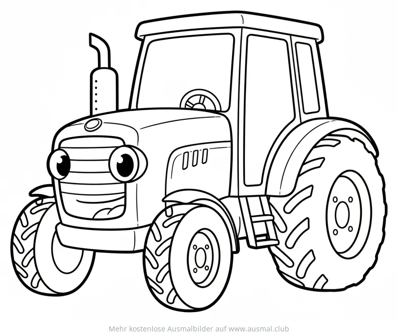 Blauer Traktor Ausmalbild mit freundlichem Gesicht