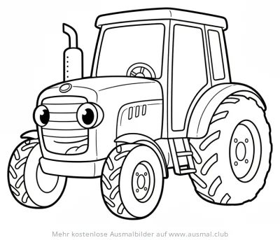 Blauer Traktor Ausmalbild mit freundlichem Gesicht
