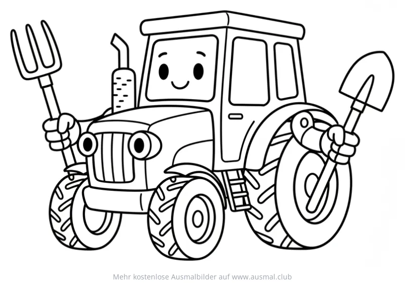 Traktor Roboter mit Schaufel und Mistgabel Ausmalbild