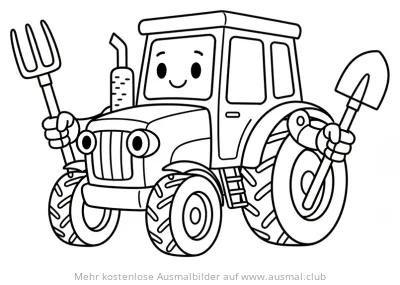 Traktor Roboter mit Schaufel und Mistgabel Ausmalbild