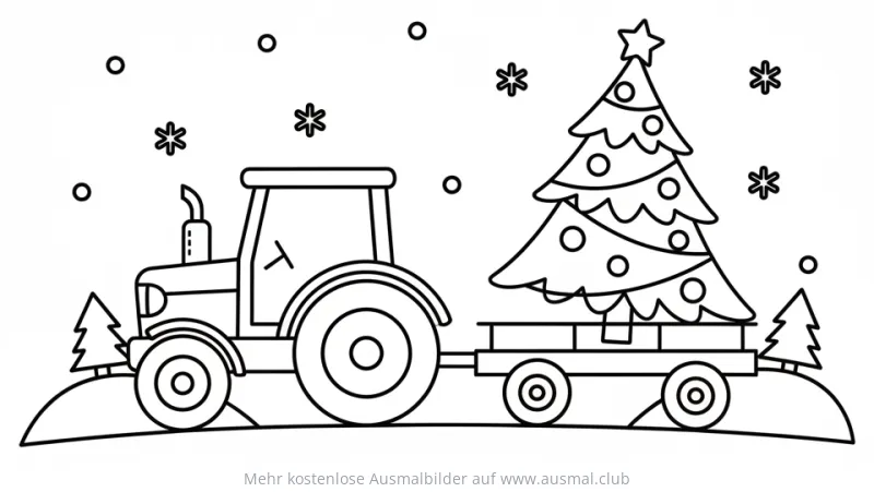 Traktor mit Weihnachtsbaum auf Anhänger Ausmalbild