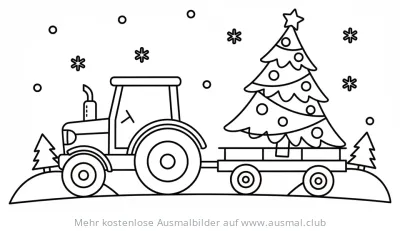 Traktor mit Weihnachtsbaum auf Anhänger Ausmalbild