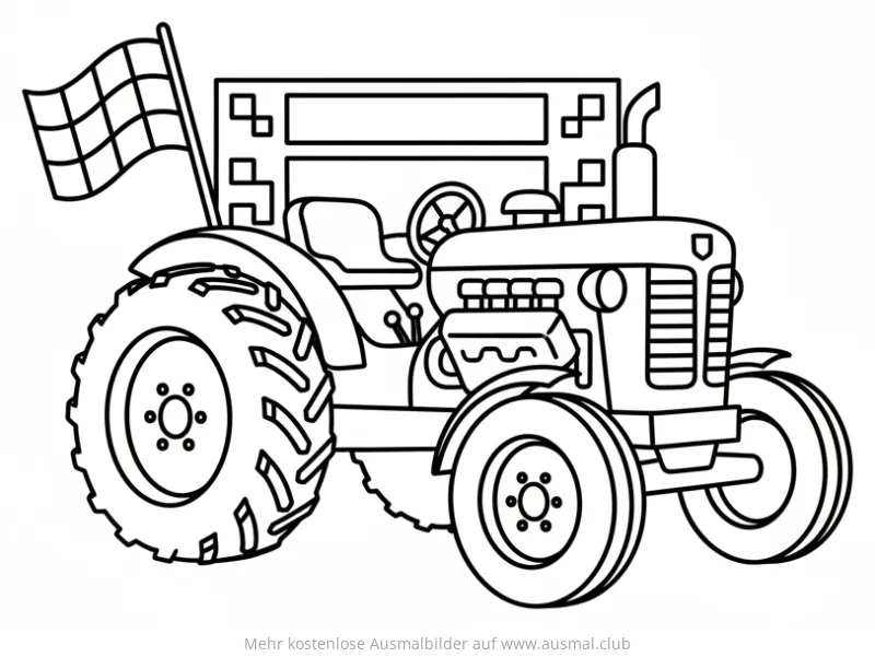 Renn-Traktor Ausmalbild mit Zielflagge