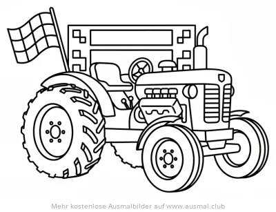 Renn-Traktor Ausmalbild mit Zielflagge