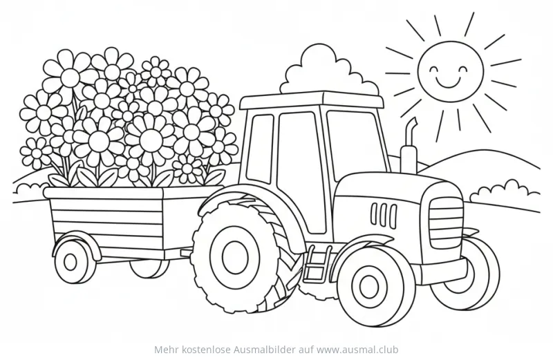 Traktor mit Anhänger voller Blumen Ausmalbild
