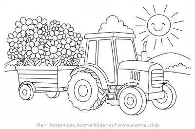 Traktor mit Anhänger voller Blumen Ausmalbild