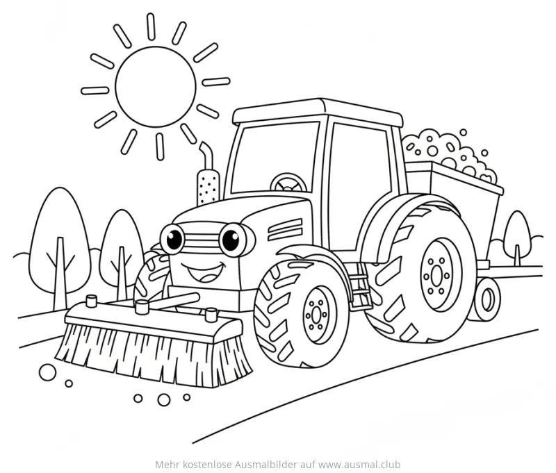 Traktor mit Kehrmaschine Ausmalbild