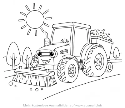 Traktor mit Kehrmaschine Ausmalbild