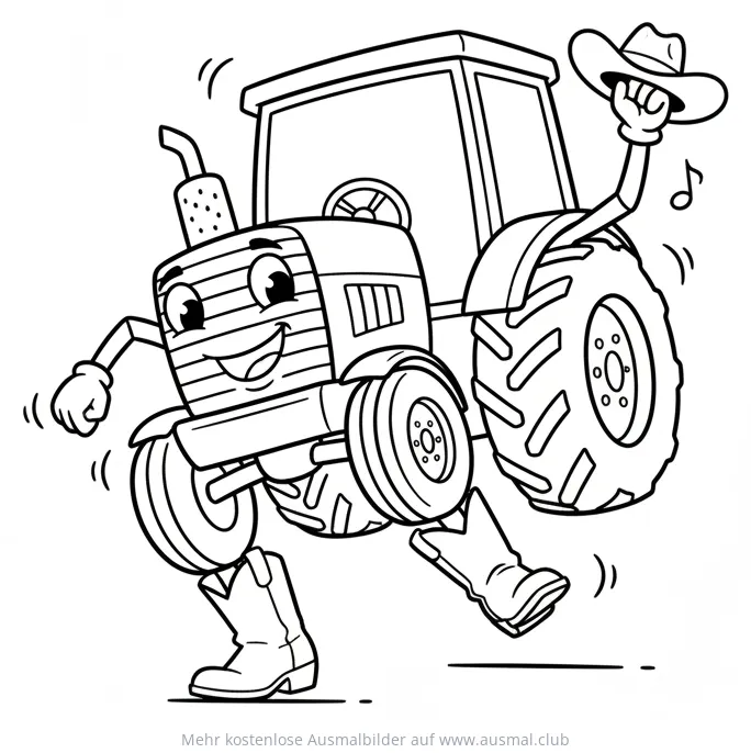 Tanzender Traktor mit Cowboyhut und Stiefeln Ausmalbild