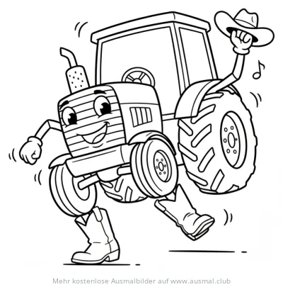 Tanzender Traktor mit Cowboyhut und Stiefeln Ausmalbild