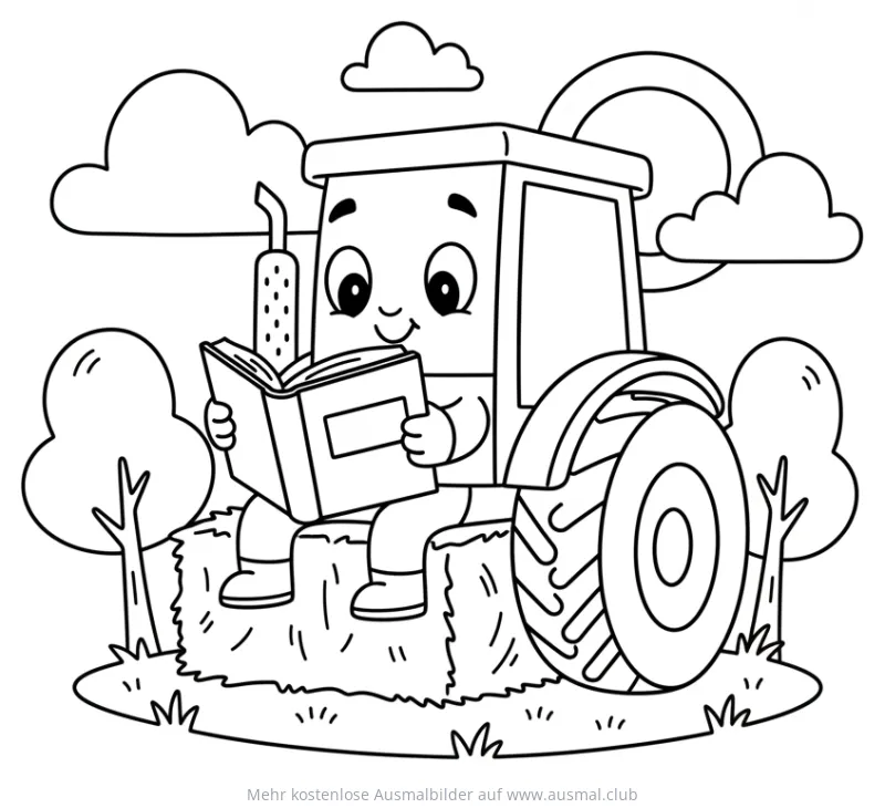 Lesender Traktor auf Heuballen Ausmalbild