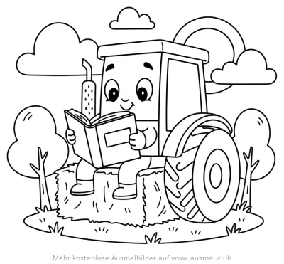 Lesender Traktor auf Heuballen Ausmalbild
