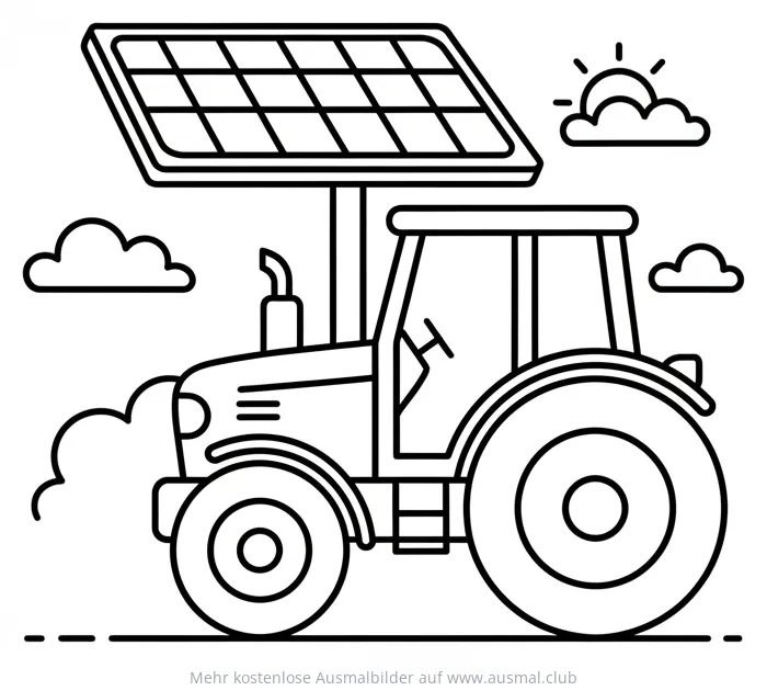 Solar Traktor Ausmalbild mit Solarpaneel und Wolken