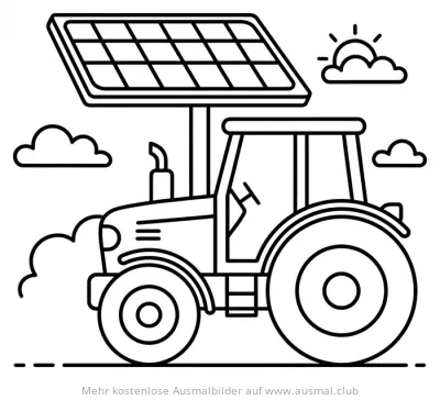 Solar Traktor Ausmalbild mit Solarpaneel und Wolken