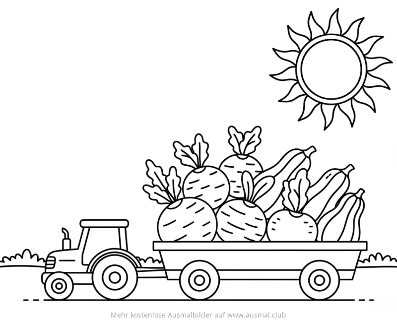 Traktor mit Rüben und Kürbissen Ausmalbild