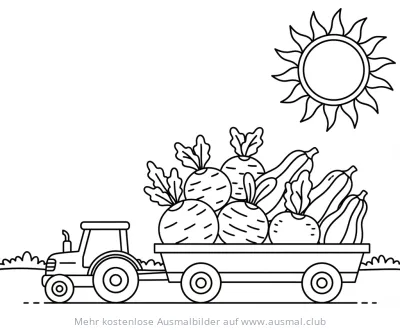 Traktor mit Rüben und Kürbissen Ausmalbild