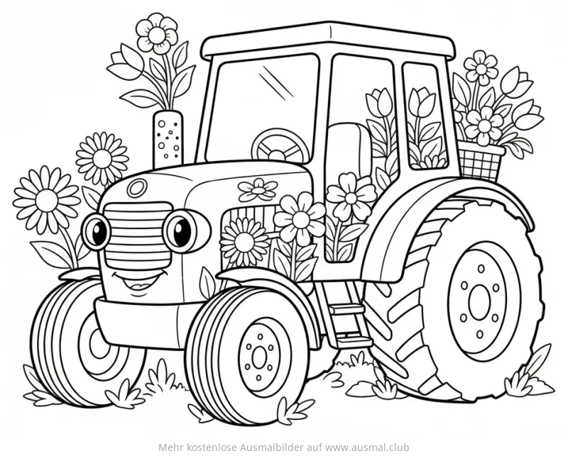 Traktor mit Blumenmuster Ausmalbild