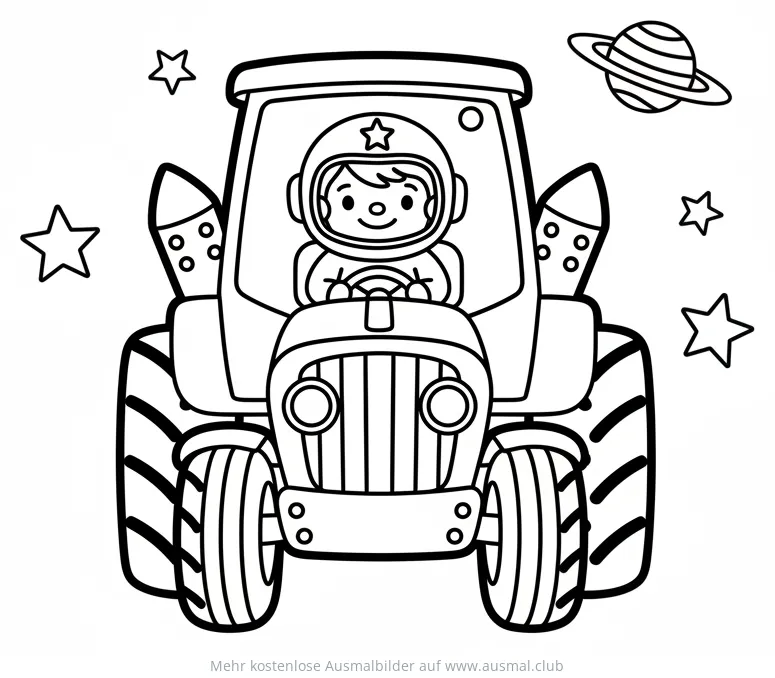 Traktor mit Astronaut im Weltraum Ausmalbild
