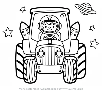 Traktor mit Astronaut im Weltraum Ausmalbild