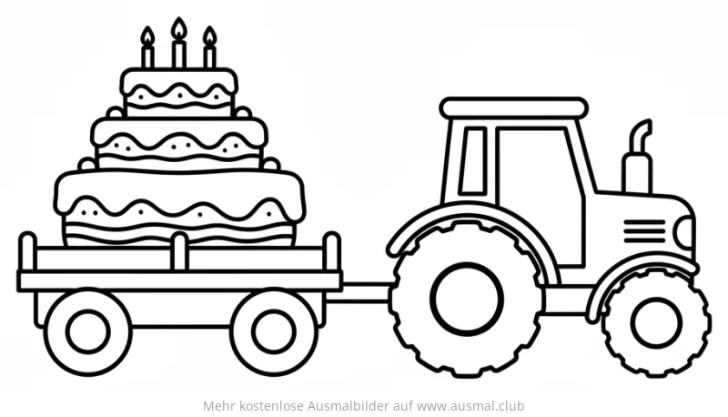 Traktor zieht Anhänger mit Geburtstagskuchen Ausmalbild