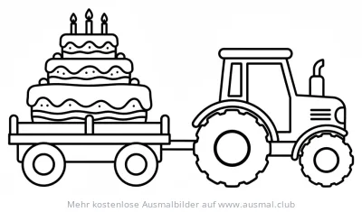 Traktor zieht Anhänger mit Geburtstagskuchen Ausmalbild