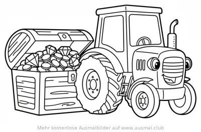 Traktor mit Schatztruhe voller Gold und Juwelen Ausmalbild